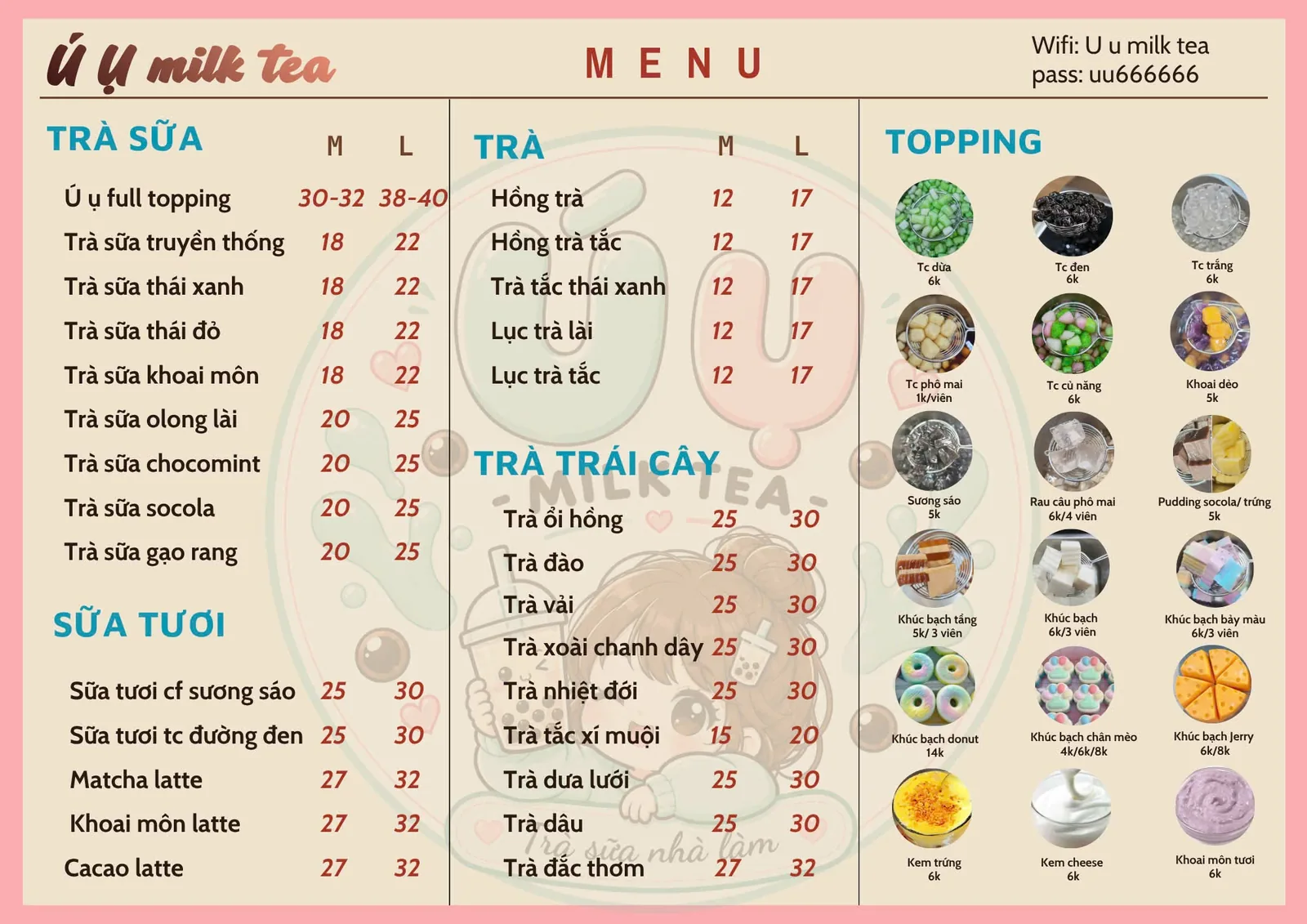 Bảng menu gốc của Ú Ụ Milk Tea gồm trà sữa, sữa tươi, trà, trà trái cây, topping và mật khẩu WiFi