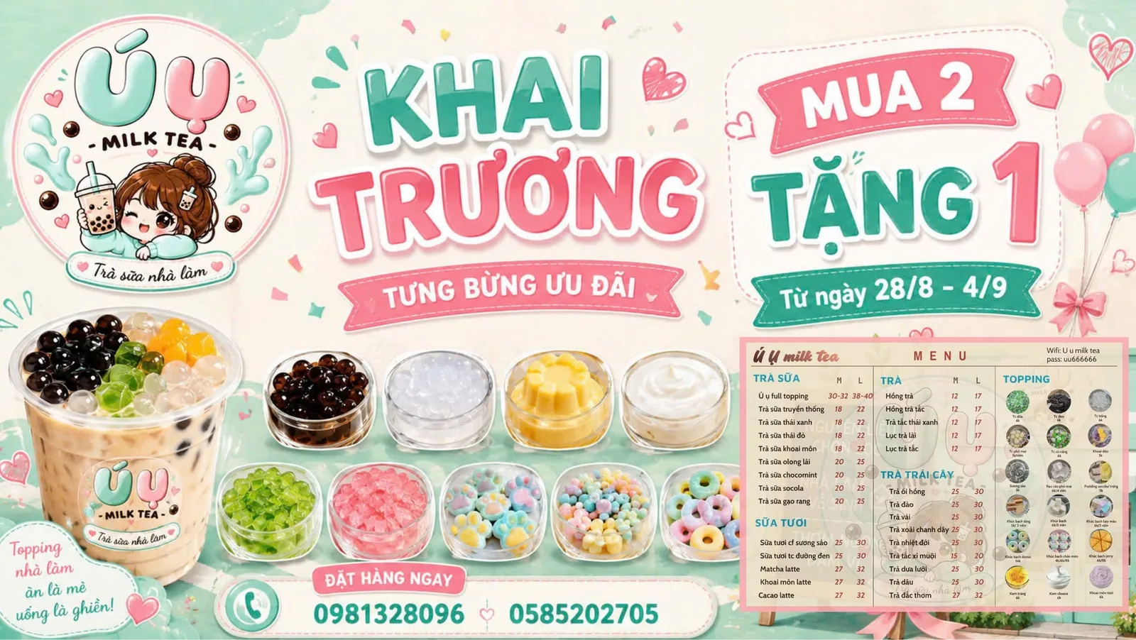 Poster khai trương: mua 2 tặng 1 từ ngày 28/8 đến 4/9