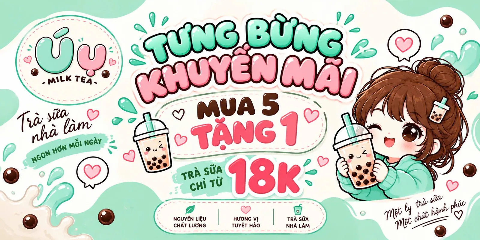 Poster ưu đãi mua 5 tặng 1, trà sữa chỉ từ 18k
